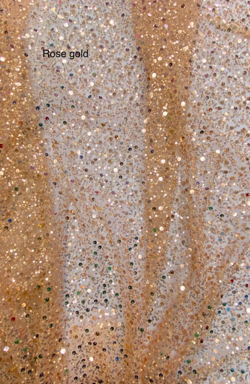 1 Yard Rose Gold Beaded Sequin Mesh Lace Fabric For Dresses Gowns Overlays Crafts